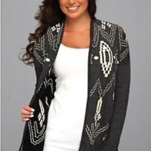 Lucky Bliss Gray Fully Embroidered Cardigan Sweater Size S